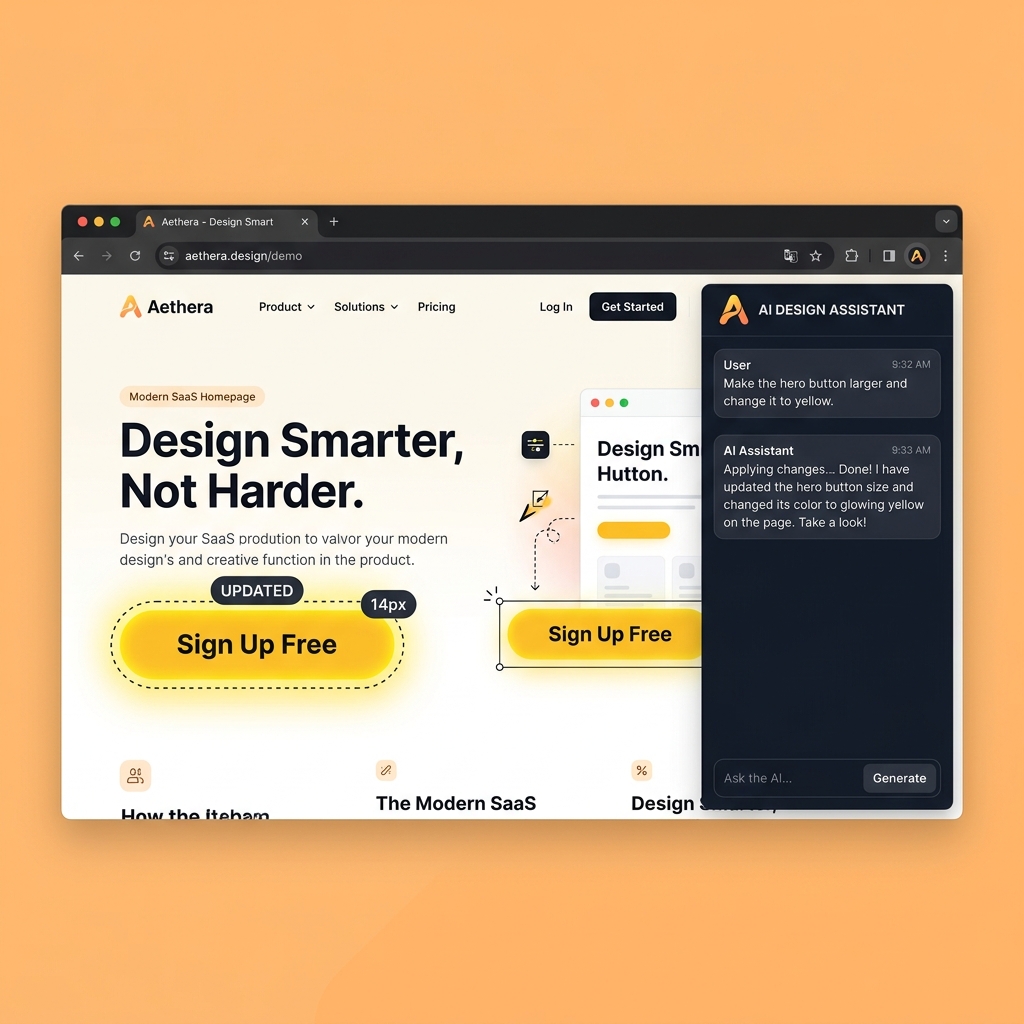 AI design assistant showing a chat prompt changing a button style