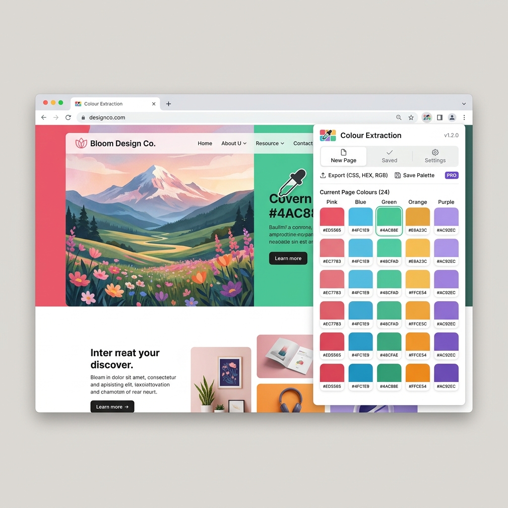 Colour extraction panel showing page colour palette