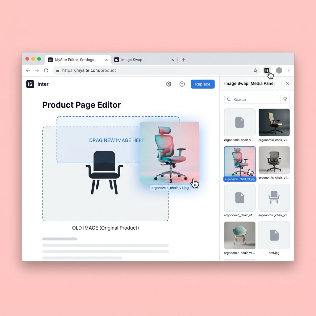 Image swap feature showing replacement of a product image